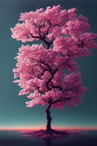 un arbre sakura rose seul dans un paysage apaisant