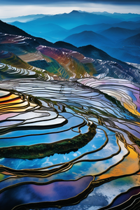 Tableau paysage représentant des rizières en terrasses aux reflets colorés, entourées de montagnes bleutées sous un ciel lumineux. Œuvre artistique immersive idéale pour une décoration murale nature et moderne.