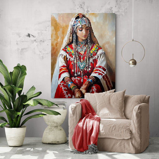 Toile représentant une femme berbère en tenue rouge traditionnelle avec bijoux ethniques. Installée dans un coin lumineux avec un fauteuil beige, un plaid rouge et une plante tropicale, cette œuvre apporte une touche ethnique et élégante à l'espace.