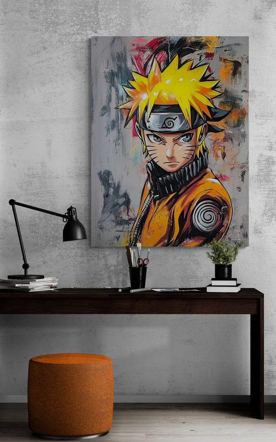 Un bureau minimaliste avec une lampe noire, des fournitures de bureau, et un tabouret orange. Au-dessus du bureau, un grand tableau vibrant de Naruto est accroché sur un mur gris, ajoutant une touche artistique à l’espace de travail.