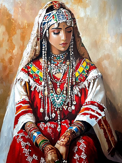 peinture représente une femme berbère vêtue d'une tenue traditionnelle rouge richement ornée de bijoux argentés et colorés. Le fond beige texturé met en valeur les détails raffinés du costume ethnique amazigh. La pièce apporte une touche d'élégance culturelle et d'authenticité à la décoration murale.