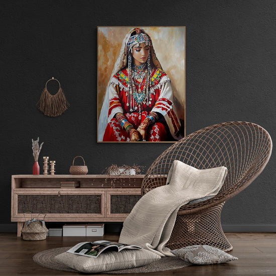 Ce canvas illustre une femme berbère dans une pose gracieuse, ornée de bijoux traditionnels et de tatouages henné. La mise en situation avec une chaise en rotin et un mur sombre accentue la richesse des couleurs chaudes du tableau. Idéal pour un salon au style bohème.