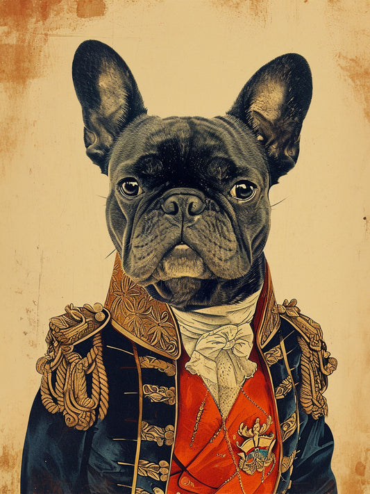 Regard intense d'un bouledogue en uniforme sur toile vintage.