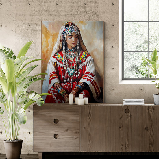 Un poster vibrant représentant une femme amazigh dans sa tenue nuptiale rouge, posé sur une console en bois rustique et entouré de plantes tropicales. La lumière naturelle ajoute une atmosphère apaisante à cet intérieur moderne.