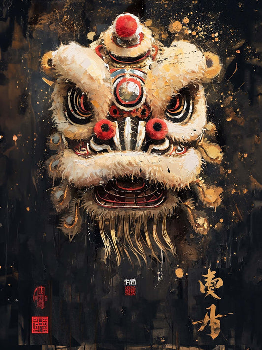 toile peinture réaliste, représentation du dragon chinois, fond noir.