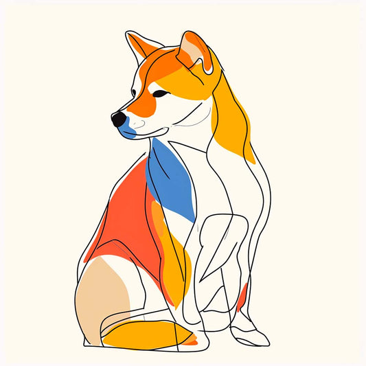 Un tableau coloré de Shiba Inu en style line art.