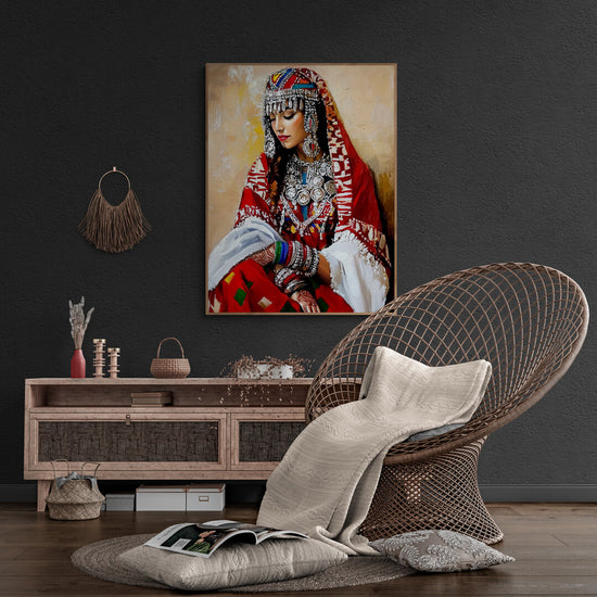 Le tableau berbère est mis en valeur sur un mur gris anthracite. Le salon bohème est composé d'un fauteuil en rotin tressé, d'un meuble en bois foncé et d'une couverture beige, créant une atmosphère chaleureuse et raffinée.
