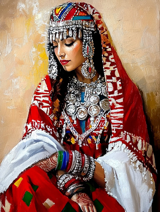 Une peinture réaliste représentant une femme berbère en tenue traditionnelle rouge richement ornée de bijoux argentés et d'un voile éclatant. Le fond beige met en valeur les détails complexes de la tenue et des accessoires, offrant une pièce centrale idéale pour un salon moderne ou bohème.