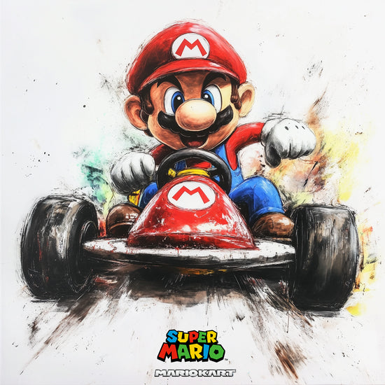 Illustration de Mario Kart dans un style artistique vibrant, parfaite pour décorer une chambre d’enfant ou un espace gamer