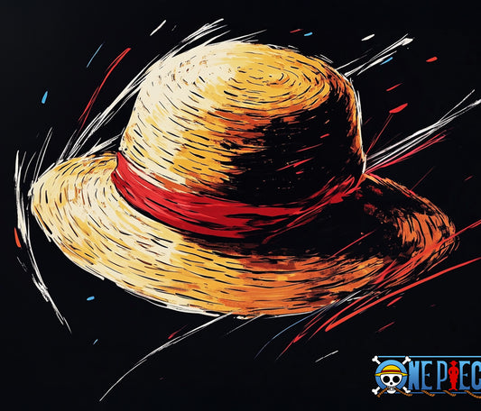 une illustration d'un chapeau de paille avec un large ruban rouge, réalisé sur un fond noir. Le chapeau est stylisé avec des traits dynamiques et colorés, donnant une impression de mouvement. À droite de l'illustration, on peut voir le logo de la série One Piece, avec une typographie bleue et un dessin de crâne portant un chapeau de paille, rappelant l'univers de ce manga