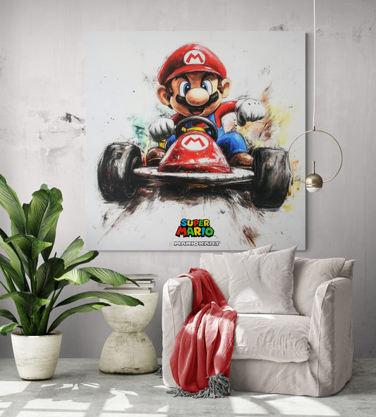 Tableau de Mario Kart dans un salon moderne avec une décoration tropicale et un fauteuil confortable.