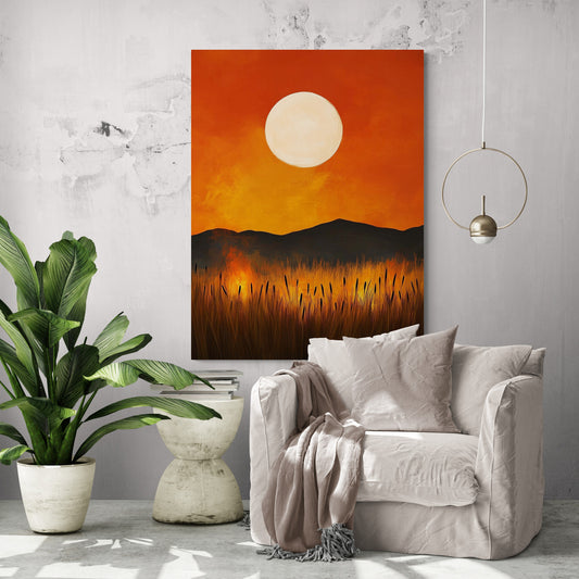 Tableau de coucher de soleil accroché dans un salon moderne avec des meubles clairs et un fauteuil blanc entouré de plantes vertes, créant une atmosphère apaisante