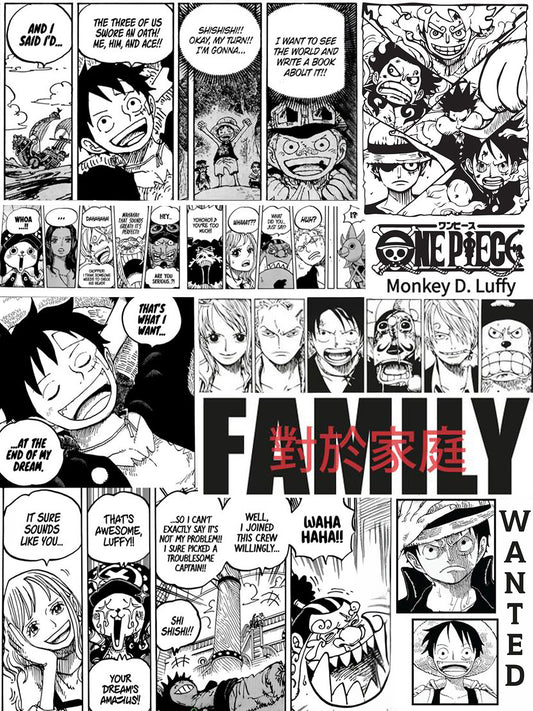 collage de pages de manga en noir et blanc, mettant en scène des personnages et dialogues de One Piece. Le style est typique du manga japonais, avec des cases dessinées en traits nets et ombrages en hachures. L'accent est mis sur les expressions des personnages, notamment Luffy, avec des bulles de dialogue et des effets sonores. Les mots "FAMILY" et des caractères japonais en rouge ajoutent un contraste visuel. 