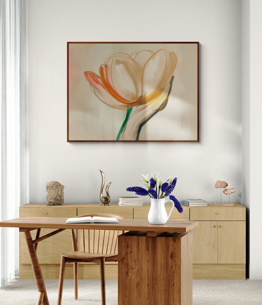 Un tableau représentant une fleur délicate dans une main, accroché au-dessus d'une console en bois clair dans un bureau moderne. Une ambiance zen et épurée.