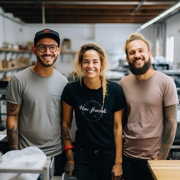 photographie de l'équipe de l'entreprise, deux hommes et une femme 