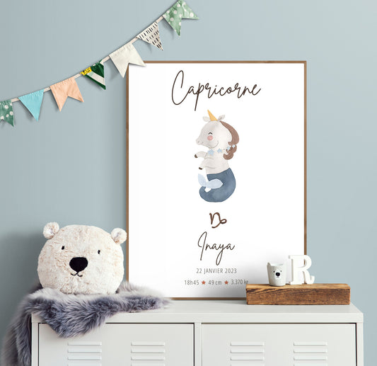 Un tableau personnalisé du signe Capricorne est posé sur un meuble dans une chambre d'enfant, décoré avec une illustration douce de licorne et les informations de naissance de l'enfant.