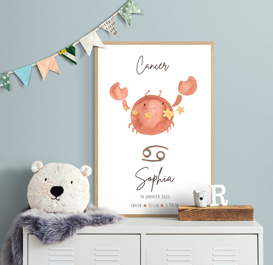 Affiche encadrée représentant le signe astrologique Cancer avec un crabe illustré en aquarelle, posée dans une chambre d’enfant.