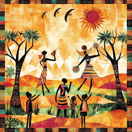 illustration vibrante représentant une scène de vie africaine avec des silhouettes dansant sous un soleil éclatant. Le paysage est composé de collines colorées, de deux arbres décorés de motifs ethniques et de trois oiseaux en plein vol. L’ensemble est encadré par des motifs tribaux.