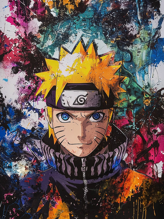 Une impression numérique vibrante représentant un personnage de manga bien connu, Naruto Uzumaki, dans un style street art coloré. L’arrière-plan éclaté de teintes vives contraste avec le personnage, soulignant son regard perçant et son expression déterminée.