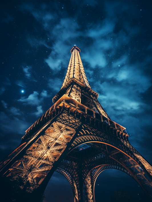 photographie de La Tour Eiffel se dresse majestueusement sous un ciel étoilé, baignée dans une lumière dorée qui contraste avec les teintes bleutées de la nuit.