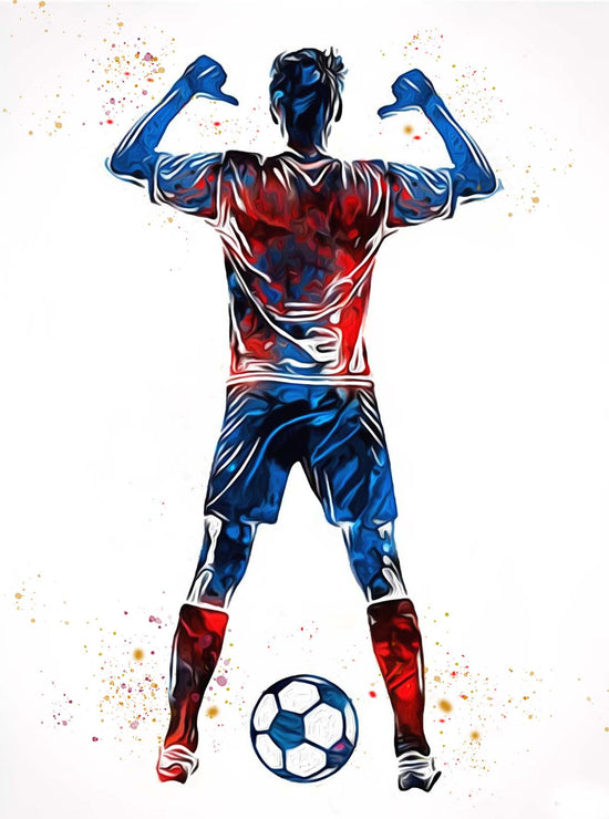 L'image montre une illustration en bleu et rouge à l'effigie de l'équipe de France d'un joueur de football de dos, les bras levés, avec un ballon de football devant lui. Le style est artistique avec des motifs fluides.