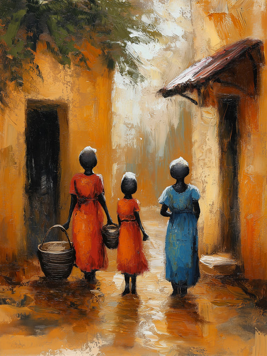 Tableau représentant trois femmes africaines en robes colorées marchant dans une ruelle ocre. L’ambiance chaleureuse et traditionnelle apporte une touche ethnique idéale pour une décoration murale inspirée du voyage.
