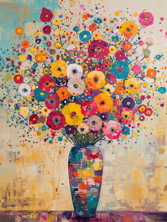 Toile style peinture, représentation d'un bouquet de fleur dans un vase coloré, de nombreuses couleurs vives.