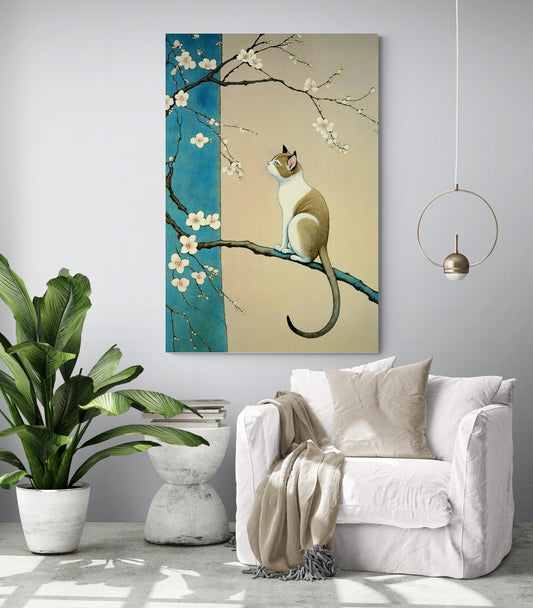 tableau japonais chat et cerisier accrocher dans un sallon moderne et neutre