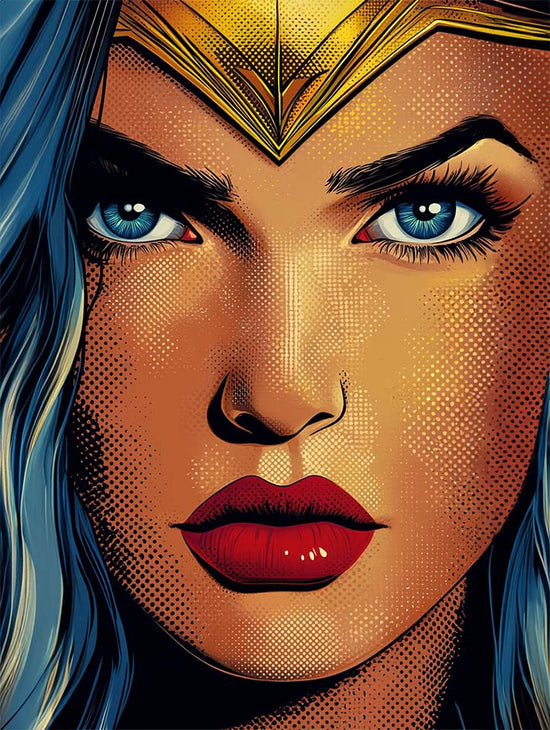 Illustration pop art de Wonder Woman, avec un regard perçant et des yeux bleus captivants. Son diadème doré brille sur son front, tandis que ses lèvres rouges vives ajoutent une touche intense. Le style BD vintage apporte un effet dynamique et audacieux