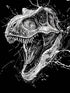 dessin détaillé en noir et blanc d'une tête de Tyrannosaurus rex, ouverte en rugissement, avec des dents acérées et des traits expressifs.