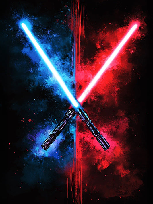 illustration de deux sabres laser croisés, un bleu et un rouge, symbolisant le conflit entre le côté lumineux et le côté obscur de la Force dans l’univers Star Wars. Le fond est divisé en deux parties : à gauche, un nuage de bleu intense avec des éclaboussures et des effets de fumée, et à droite, un fond rouge vif et dramatique avec des textures similaires. Le contraste entre les couleurs froides et chaudes donne une impression de confrontation, tandis que les lignes nettes accentuent l'effet dramatique