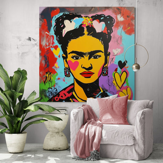 Un tableau éclatant de Frida Kahlo est accroché sur un mur texturé, à côté d’un fauteuil blanc agrémenté de coussins roses et entouré de plantes.