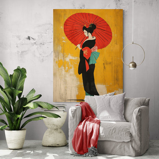 Salon moderne avec un fauteuil blanc et un tableau xxl de geisha