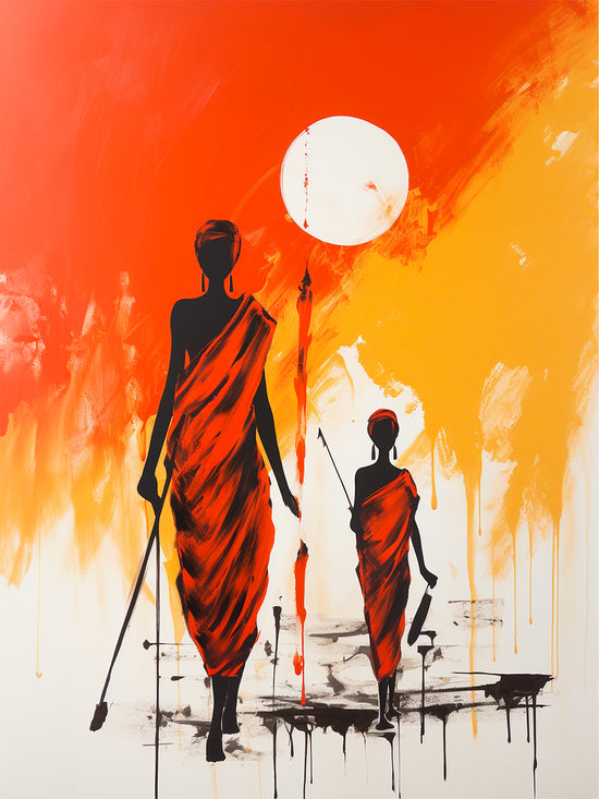 Peinture vibrante représentant une femme africaine et son enfant, marchant sous un soleil éclatant. Les silhouettes noires et les tissus rouges contrastent avec un fond dégradé de rouge, orange et jaune. Idéal pour une décoration ethnique et chaleureuse