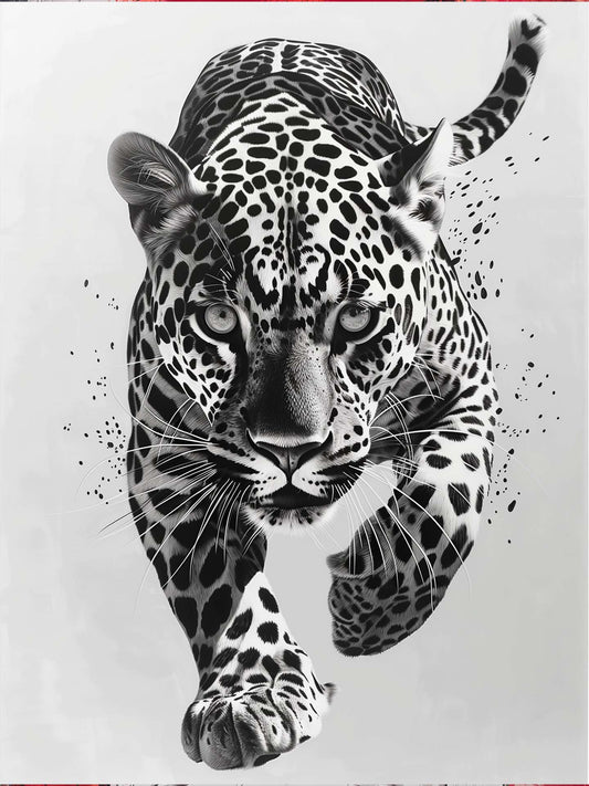 Toile représentation Panther couleur noir et blanche , fond blanc, éclats de taches noir autour de la Panther