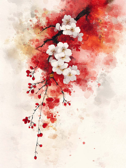 Tableau aquarelle représentant des fleurs de cerisier rouge et blanche, parfait pour un décor mural raffiné inspiré de l'art japonais.