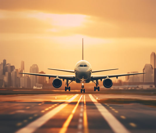 une photographie Un avion se prépare à l'atterrissage sur la piste, avec le soleil couchant et la silhouette d'une ville en arrière-plan.