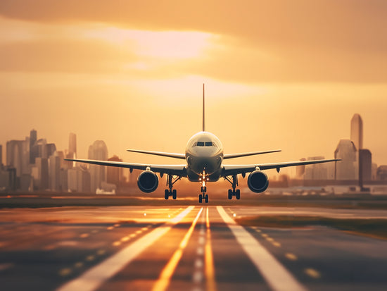 une photographie Un avion se prépare à l'atterrissage sur la piste, avec le soleil couchant et la silhouette d'une ville en arrière-plan.