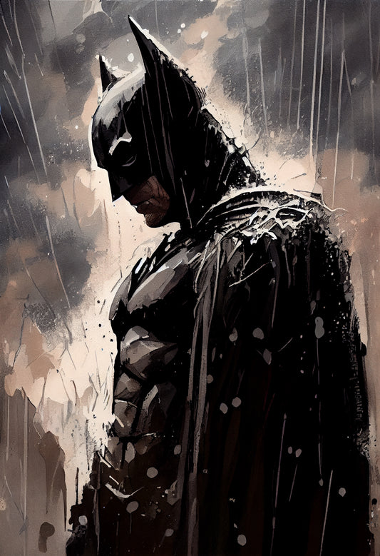 Illustration artistique de Batman sous la pluie, capturant une ambiance noire et intense. Le jeu d’ombres et de textures met en valeur son armure imposante et son expression déterminée. Idéal pour une décoration murale geek et cinématographique.