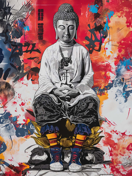 toile représentation portrait bouddha style street art, tache de couleur rouge et bleus.