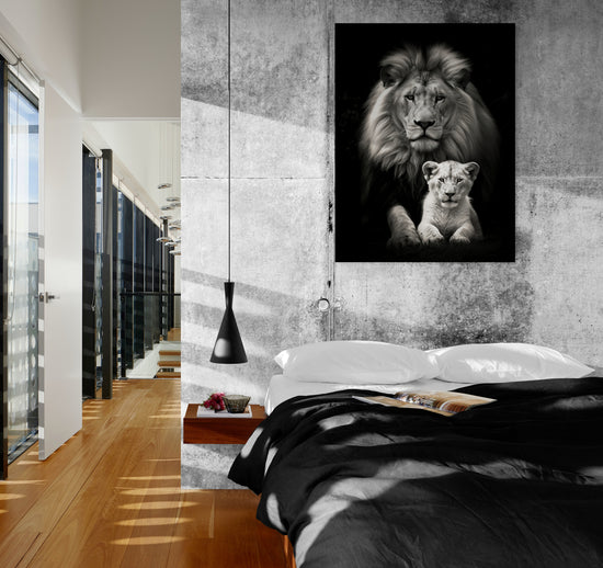 Tableau photographie animalier avec des félin, élément décoratif marquant dans une chambre adulte au style industriel