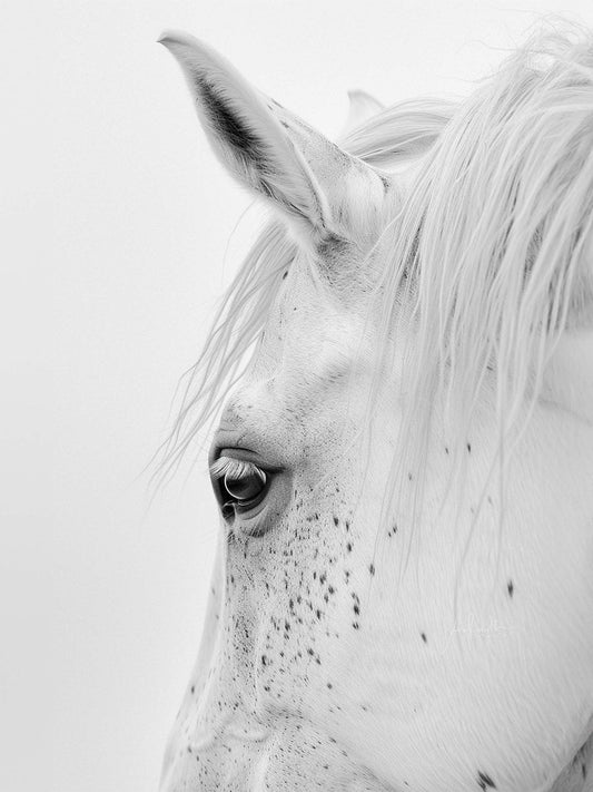 Toile photographie, tête de cheval blanc tacheté, animal domestique, fond blanc, image claire
