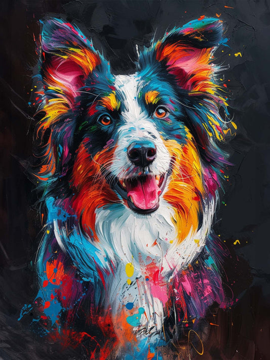toile effet peinture, représentation d'un portrait de chien coloré, fond noir