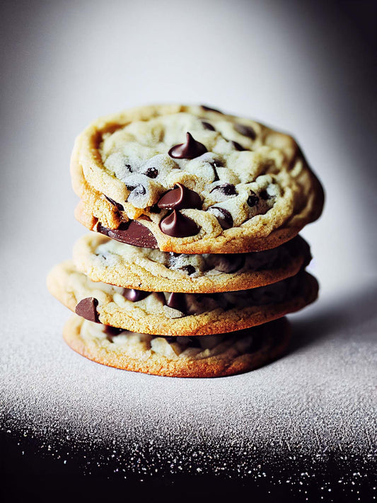 Une photo culinaire avec un zoom sur quatre cookies aux pépites de chocolats posés l'un sur l'autre. Ils sont posés sur une surface noire recouverte de sucre glace