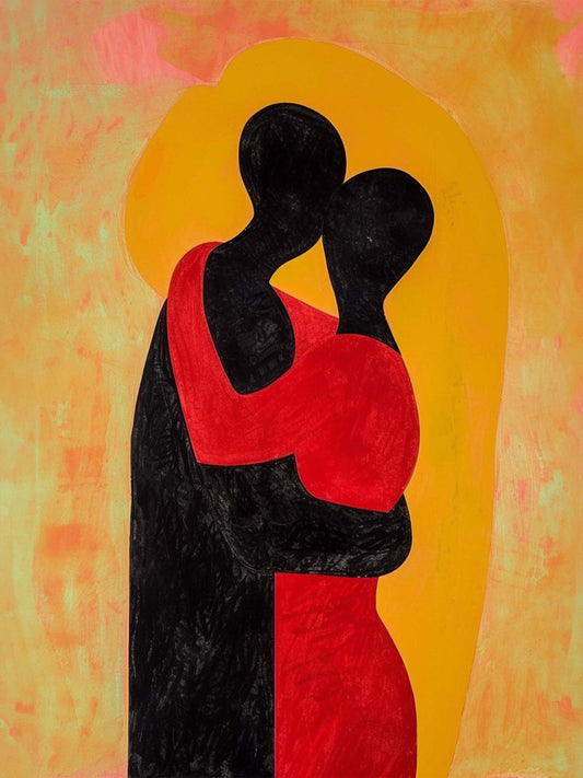 toile style peinture, représentation couple amour abstrait, couleurs vives, rouge, noir et jaune.