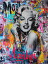 Toile représentation de Marilyn monore avec un style street art, coulure de peinture colorée, tag.