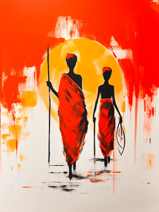 Peinture moderne représentant deux silhouettes africaines, vêtues de tissus rouges, marchant sous un soleil ardent. Le fond aux nuances de rouge, orange et jaune crée une atmosphère chaleureuse et immersive. Idéal pour une décoration ethnique et contemporaine.