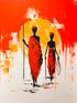 Peinture moderne représentant deux silhouettes africaines, vêtues de tissus rouges, marchant sous un soleil ardent. Le fond aux nuances de rouge, orange et jaune crée une atmosphère chaleureuse et immersive. Idéal pour une décoration ethnique et contemporaine.