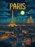 illustration colorée de la ville de Paris la nuit. La Tour Eiffel, sacre-coeur, pleine lune et ciel étoilé,