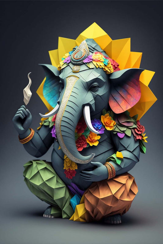  tableau origami du dieu indien Ganesh, fleurs colorées,  couleurs vives,  très détaillé, fond gris